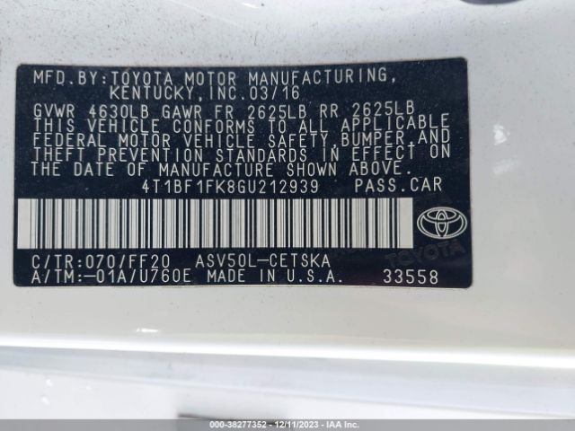 Photo 8 VIN: 4T1BF1FK8GU212939 - TOYOTA CAMRY 