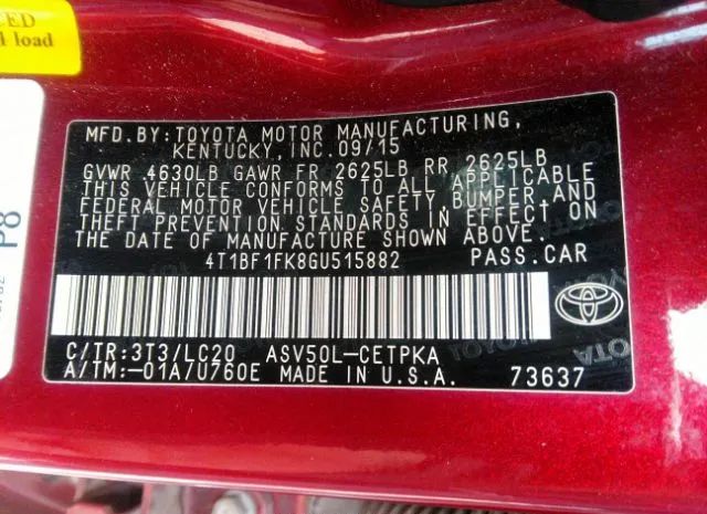 Photo 8 VIN: 4T1BF1FK8GU515882 - TOYOTA CAMRY 