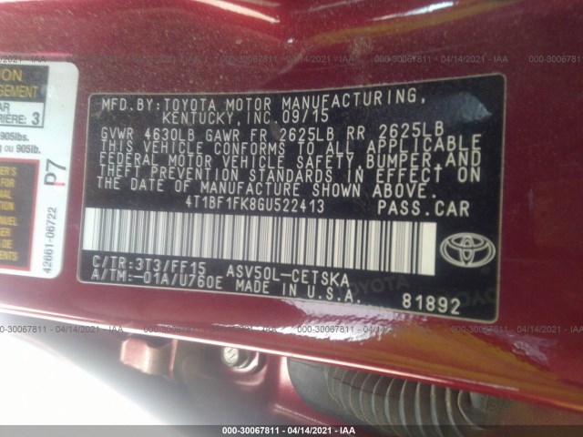 Photo 8 VIN: 4T1BF1FK8GU522413 - TOYOTA CAMRY 