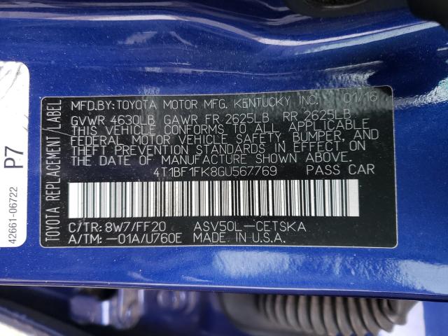 Photo 9 VIN: 4T1BF1FK8GU567769 - TOYOTA CAMRY LE 