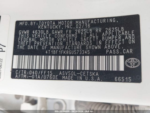 Photo 8 VIN: 4T1BF1FK8GU573345 - TOYOTA CAMRY 