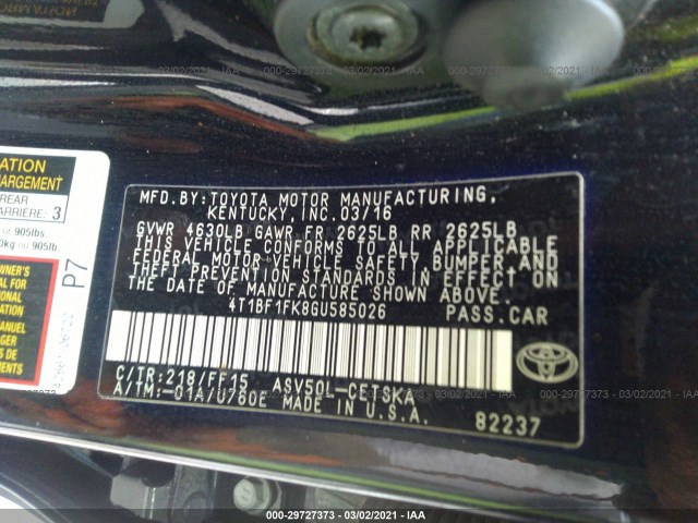 Photo 8 VIN: 4T1BF1FK8GU585026 - TOYOTA CAMRY 