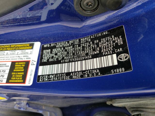 Photo 9 VIN: 4T1BF1FK8GU591456 - TOYOTA CAMRY LE 