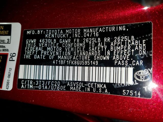 Photo 9 VIN: 4T1BF1FK8GU595149 - TOYOTA CAMRY LE 