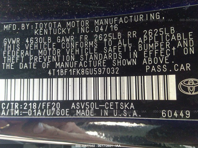 Photo 8 VIN: 4T1BF1FK8GU597032 - TOYOTA CAMRY 