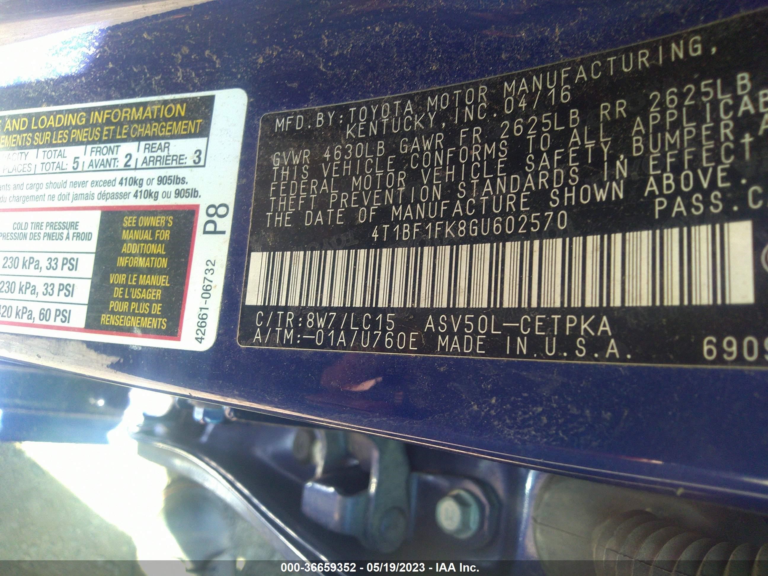 Photo 8 VIN: 4T1BF1FK8GU602570 - TOYOTA CAMRY 