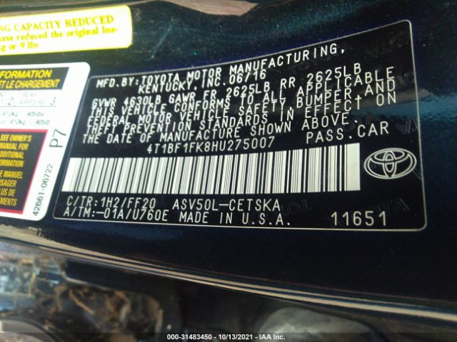 Photo 8 VIN: 4T1BF1FK8HU275007 - TOYOTA CAMRY 