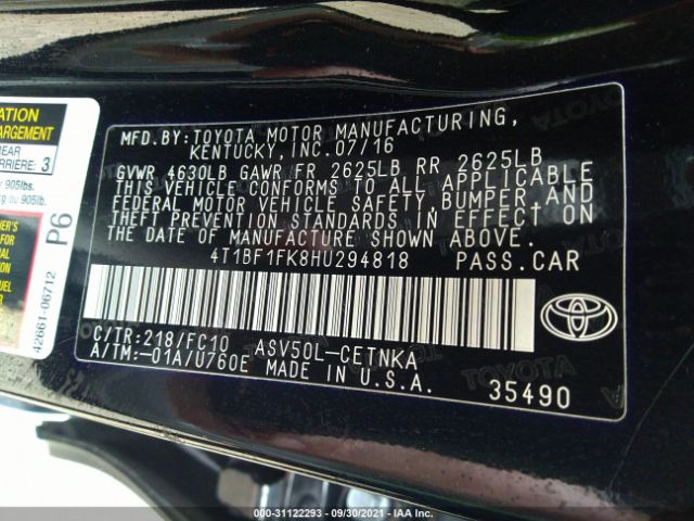 Photo 8 VIN: 4T1BF1FK8HU294818 - TOYOTA CAMRY 