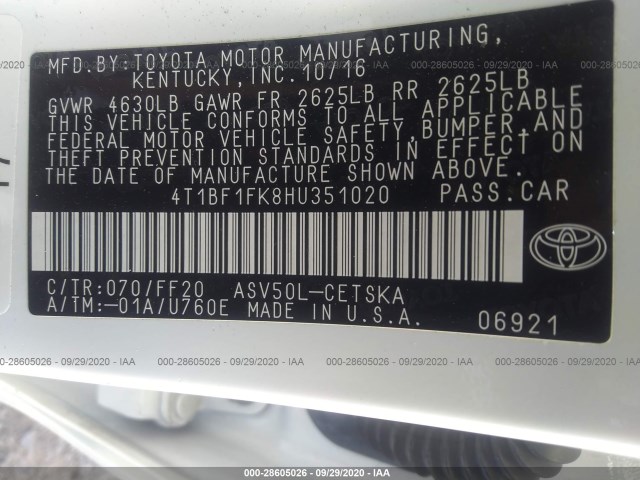 Photo 8 VIN: 4T1BF1FK8HU351020 - TOYOTA CAMRY 