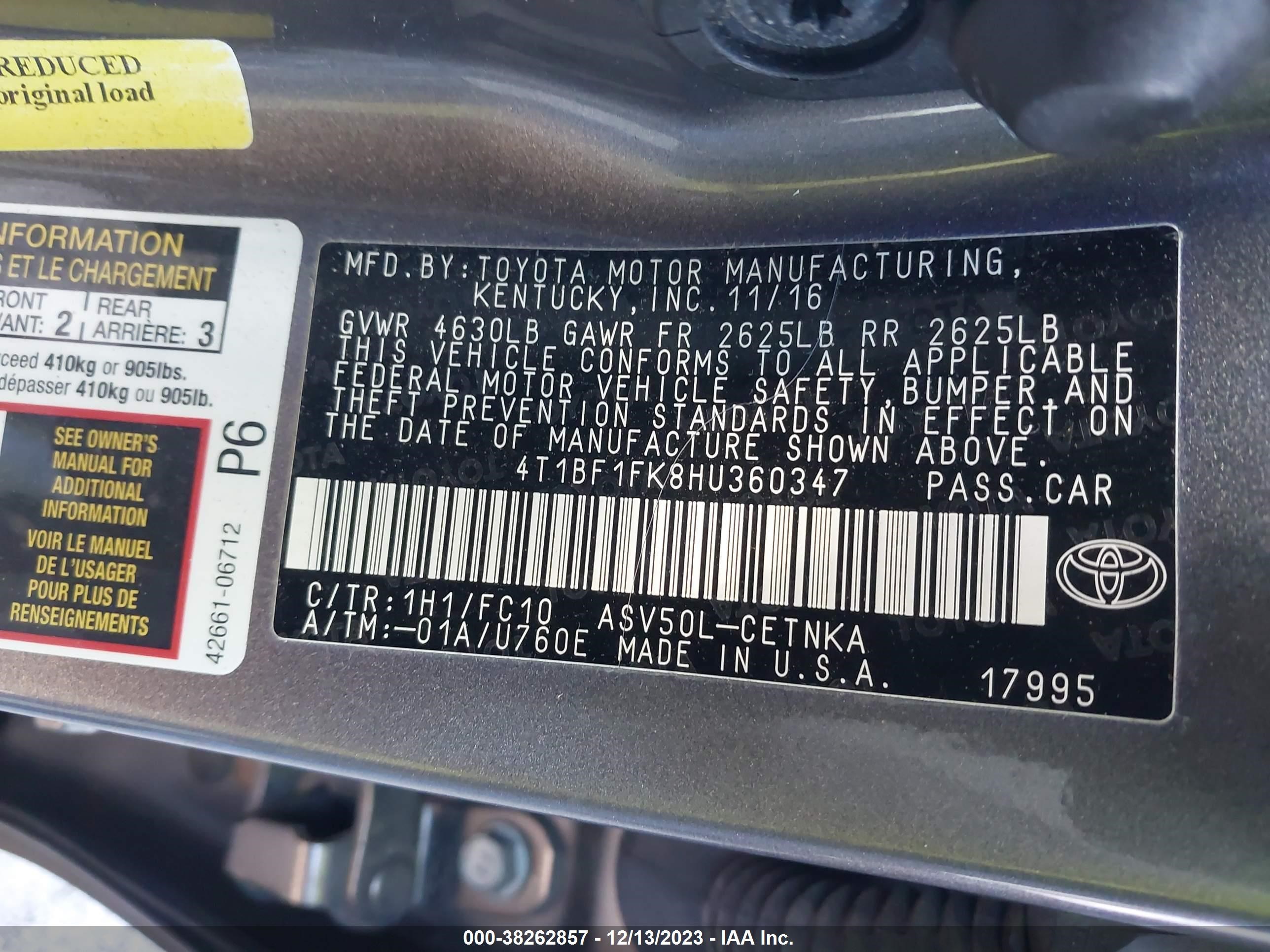 Photo 8 VIN: 4T1BF1FK8HU360347 - TOYOTA CAMRY 