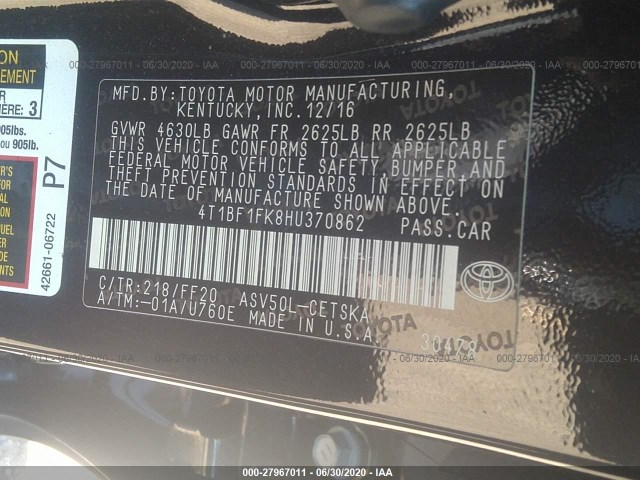 Photo 8 VIN: 4T1BF1FK8HU370862 - TOYOTA CAMRY 