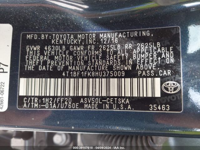 Photo 8 VIN: 4T1BF1FK8HU375009 - TOYOTA CAMRY 