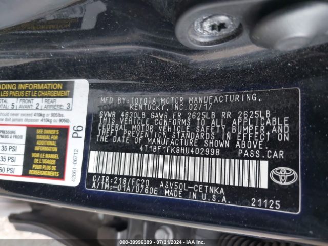 Photo 8 VIN: 4T1BF1FK8HU402998 - TOYOTA CAMRY 