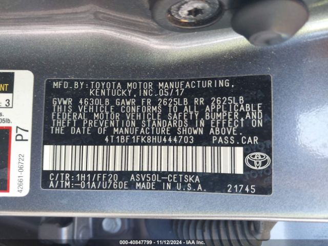 Photo 8 VIN: 4T1BF1FK8HU444703 - TOYOTA CAMRY 