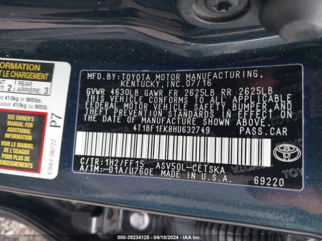 Photo 8 VIN: 4T1BF1FK8HU632749 - TOYOTA CAMRY 