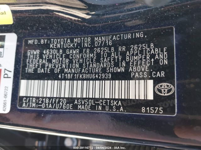 Photo 8 VIN: 4T1BF1FK8HU642939 - TOYOTA CAMRY 