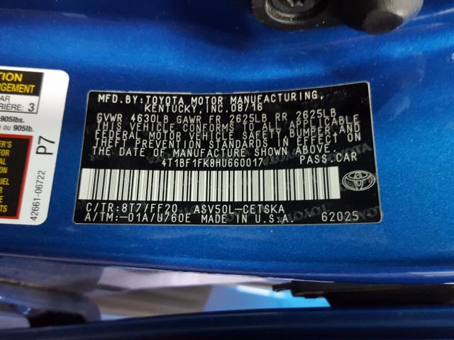 Photo 9 VIN: 4T1BF1FK8HU660017 - TOYOTA CAMRY LE 