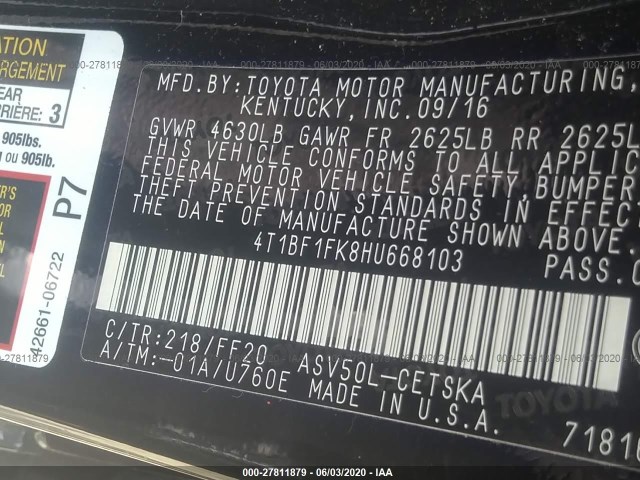 Photo 8 VIN: 4T1BF1FK8HU668103 - TOYOTA CAMRY 