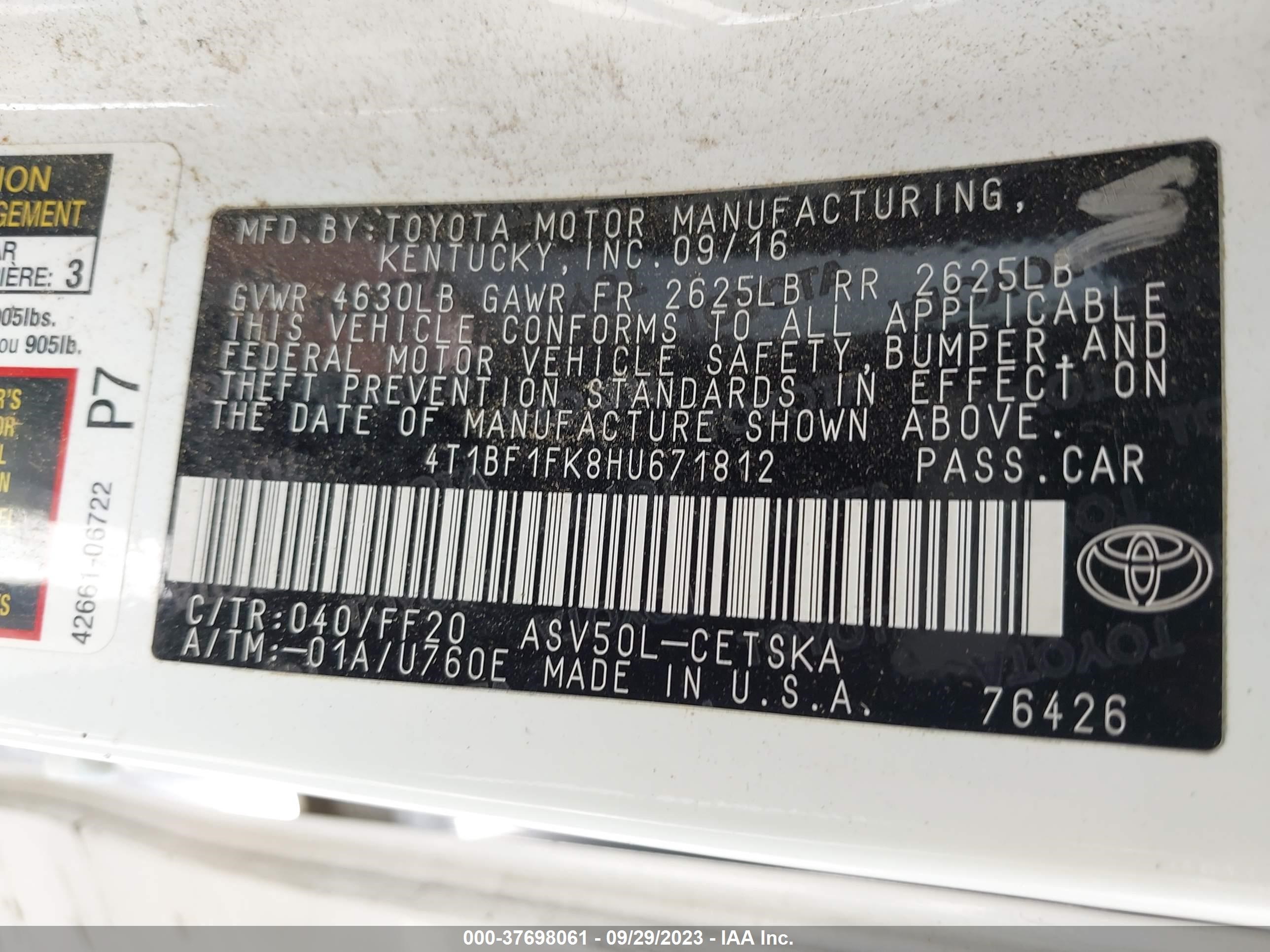 Photo 8 VIN: 4T1BF1FK8HU671812 - TOYOTA CAMRY 