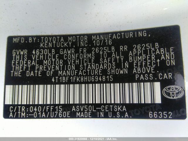 Photo 8 VIN: 4T1BF1FK8HU694815 - TOYOTA CAMRY 