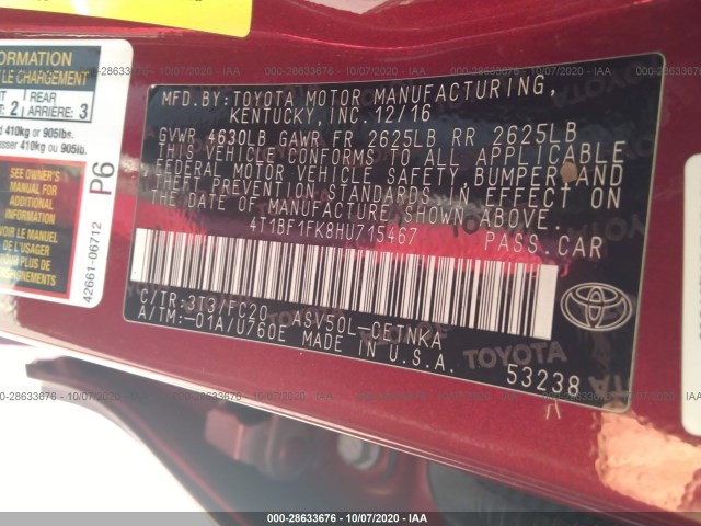 Photo 8 VIN: 4T1BF1FK8HU715467 - TOYOTA CAMRY 