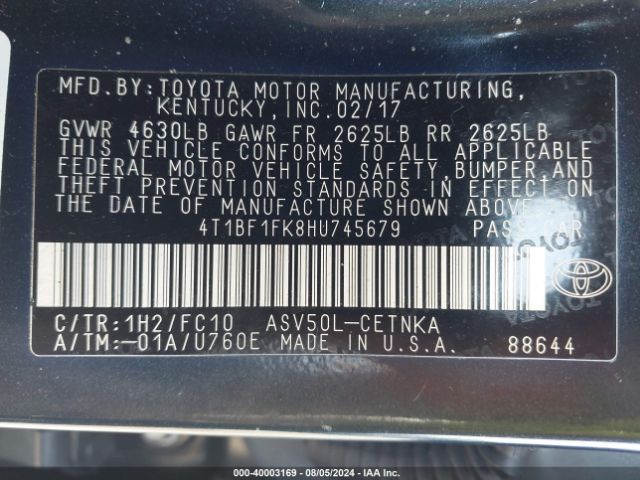 Photo 8 VIN: 4T1BF1FK8HU745679 - TOYOTA CAMRY 