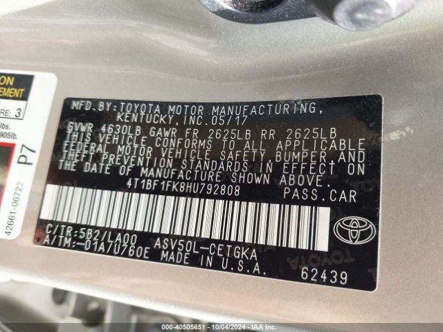 Photo 8 VIN: 4T1BF1FK8HU792808 - TOYOTA CAMRY 