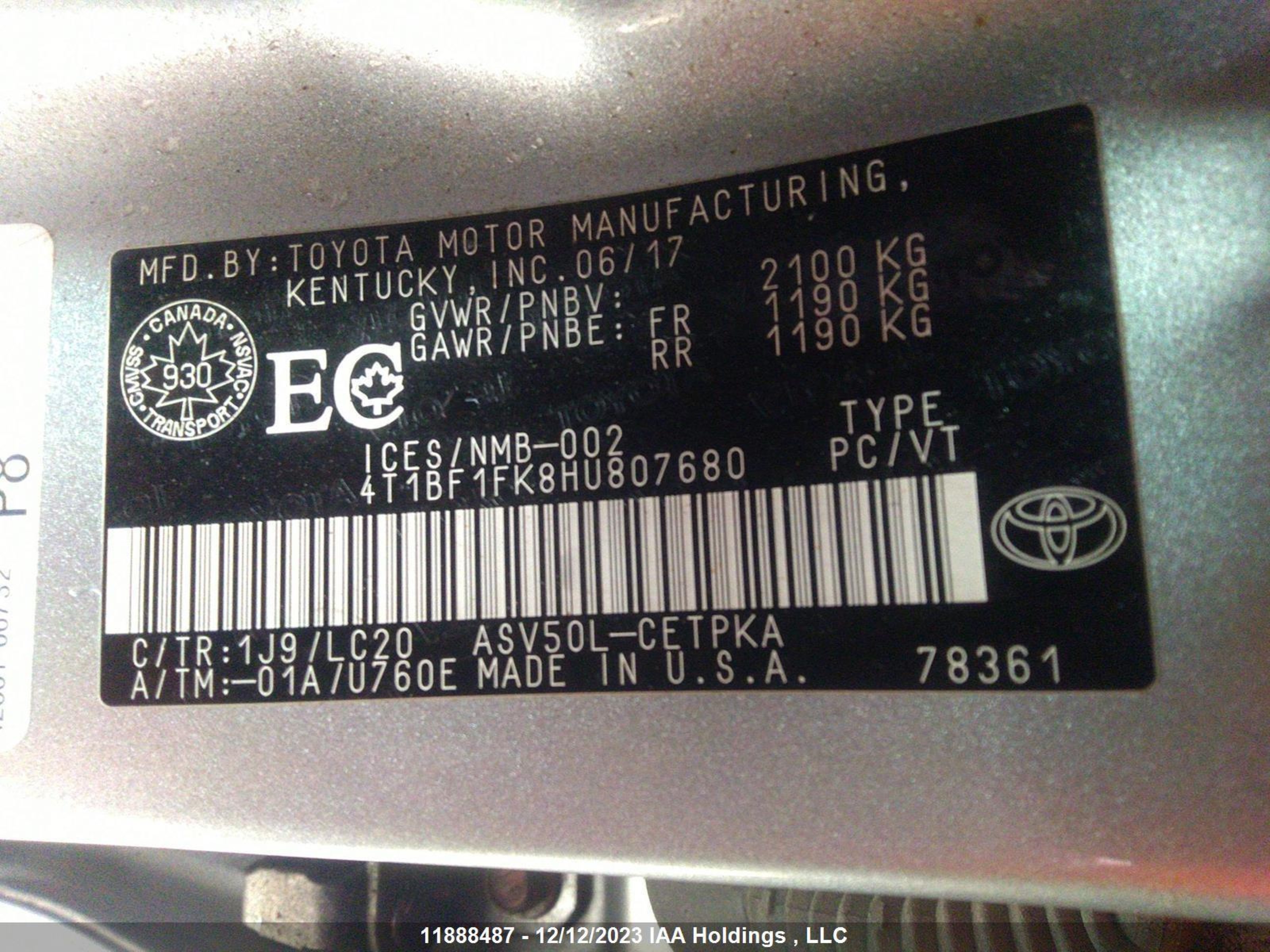 Photo 8 VIN: 4T1BF1FK8HU807680 - TOYOTA CAMRY 