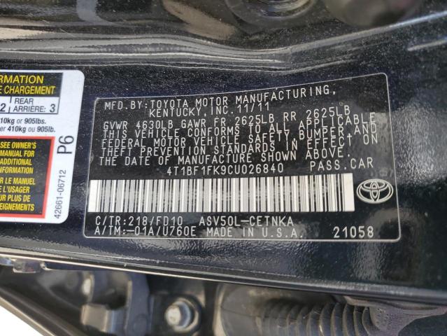 Photo 9 VIN: 4T1BF1FK9CU026840 - TOYOTA CAMRY BASE 