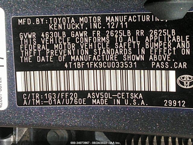 Photo 8 VIN: 4T1BF1FK9CU033531 - TOYOTA CAMRY 