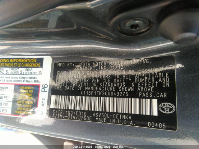 Photo 8 VIN: 4T1BF1FK9CU049275 - TOYOTA CAMRY 