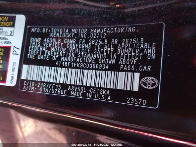 Photo 8 VIN: 4T1BF1FK9CU066934 - TOYOTA CAMRY 