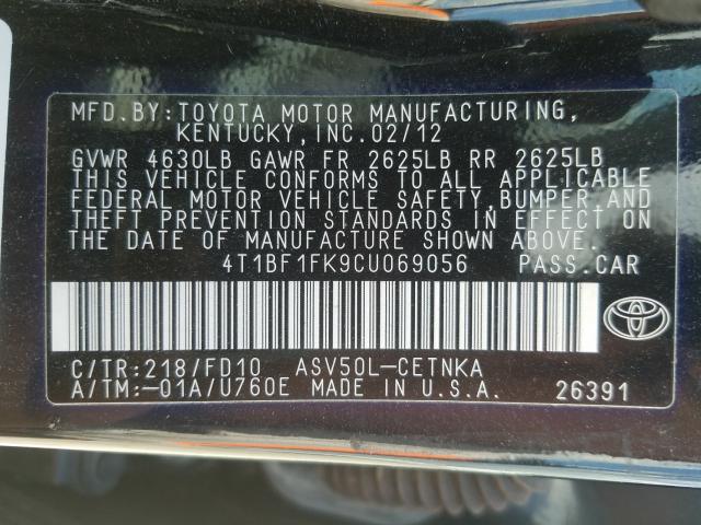 Photo 9 VIN: 4T1BF1FK9CU069056 - TOYOTA CAMRY BASE 