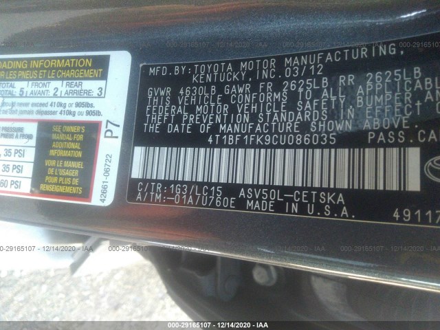 Photo 8 VIN: 4T1BF1FK9CU086035 - TOYOTA CAMRY 