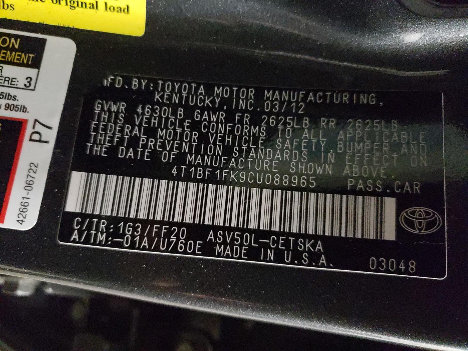 Photo 9 VIN: 4T1BF1FK9CU088965 - TOYOTA CAMRY BASE 