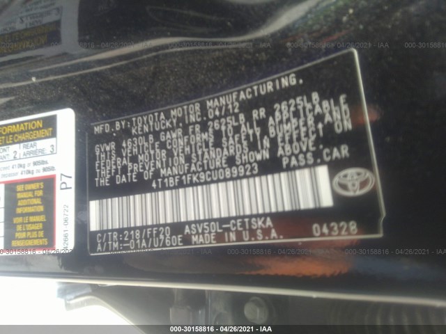 Photo 8 VIN: 4T1BF1FK9CU089923 - TOYOTA CAMRY 