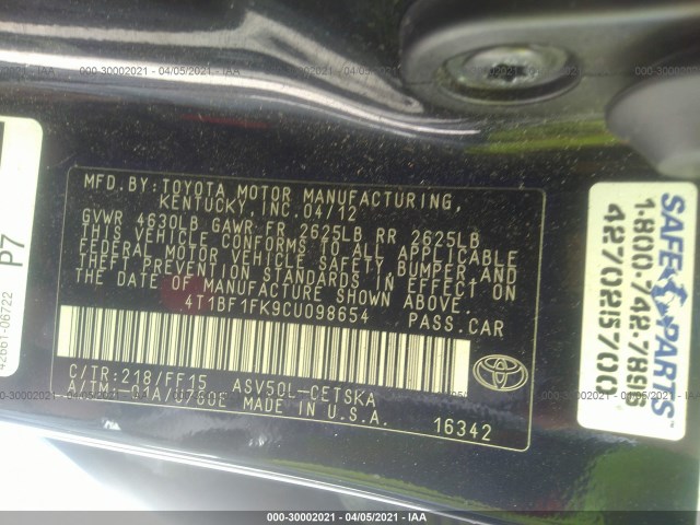 Photo 8 VIN: 4T1BF1FK9CU098654 - TOYOTA CAMRY 