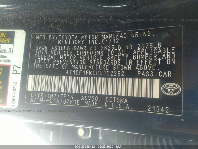 Photo 8 VIN: 4T1BF1FK9CU102282 - TOYOTA CAMRY 