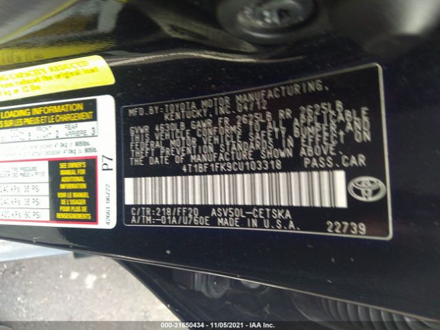 Photo 8 VIN: 4T1BF1FK9CU103318 - TOYOTA CAMRY 