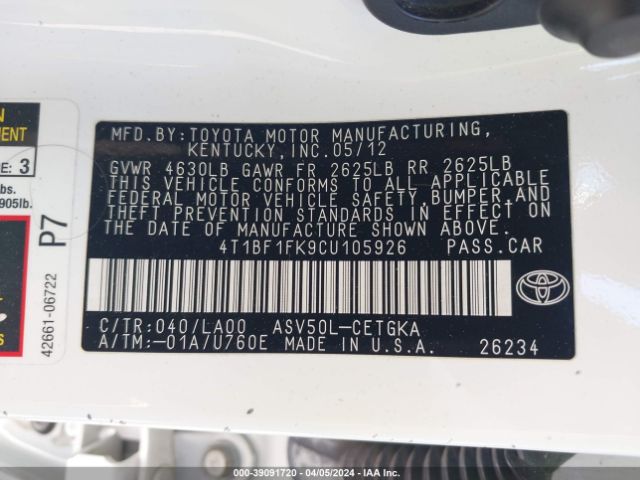 Photo 8 VIN: 4T1BF1FK9CU105926 - TOYOTA CAMRY 