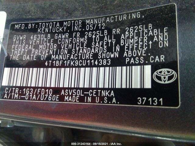 Photo 8 VIN: 4T1BF1FK9CU114383 - TOYOTA CAMRY 