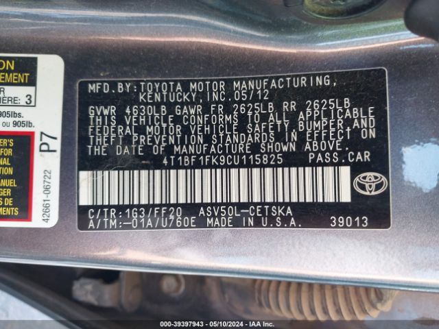 Photo 8 VIN: 4T1BF1FK9CU115825 - TOYOTA CAMRY 