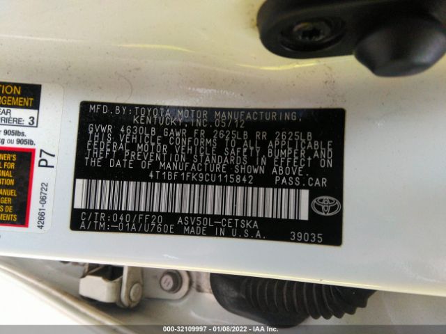 Photo 8 VIN: 4T1BF1FK9CU115842 - TOYOTA CAMRY 