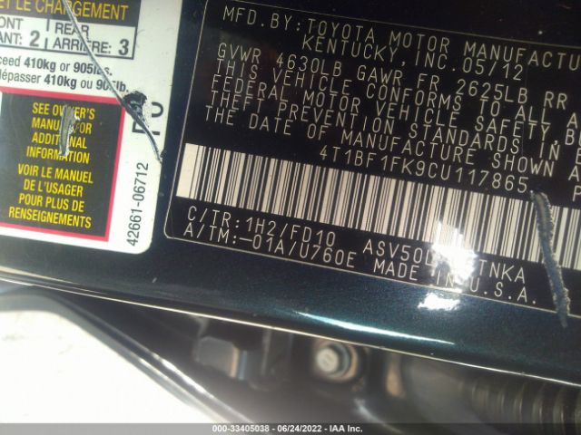 Photo 8 VIN: 4T1BF1FK9CU117865 - TOYOTA CAMRY 