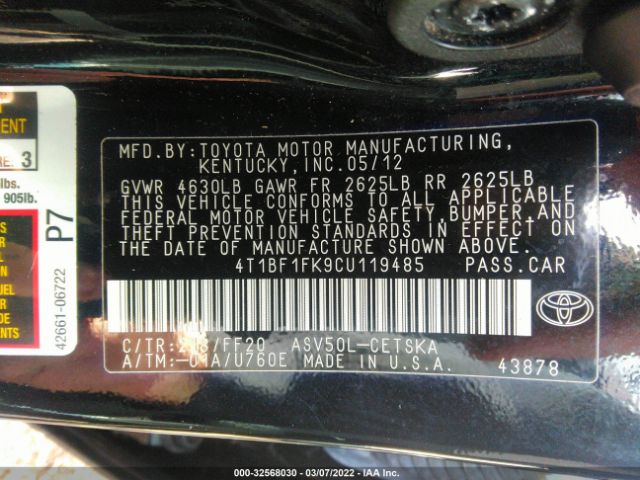 Photo 8 VIN: 4T1BF1FK9CU119485 - TOYOTA CAMRY 