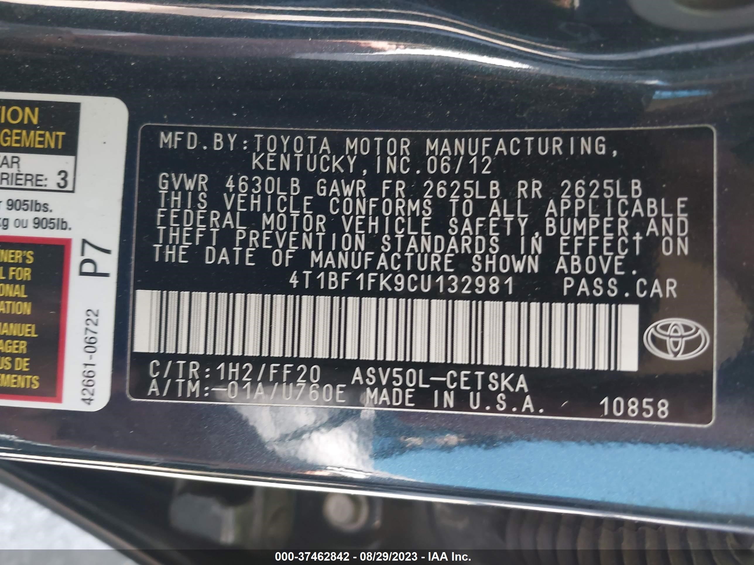 Photo 8 VIN: 4T1BF1FK9CU132981 - TOYOTA CAMRY 