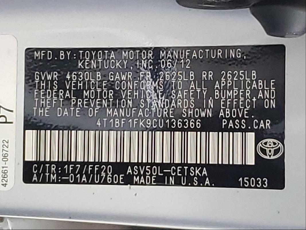 Photo 9 VIN: 4T1BF1FK9CU136366 - TOYOTA CAMRY BASE 