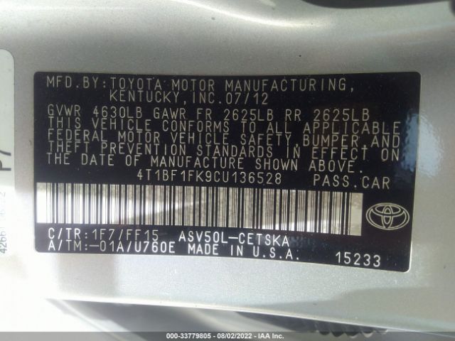 Photo 8 VIN: 4T1BF1FK9CU136528 - TOYOTA CAMRY 