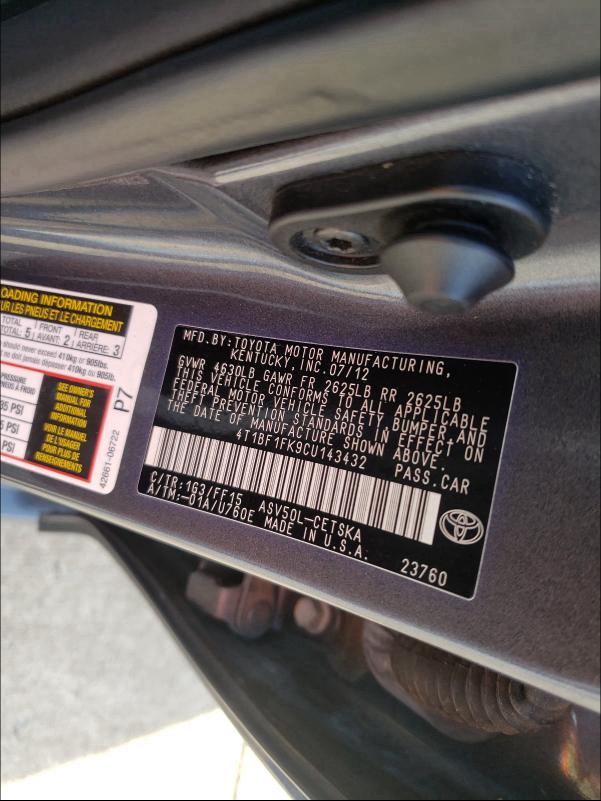 Photo 9 VIN: 4T1BF1FK9CU143432 - TOYOTA CAMRY 