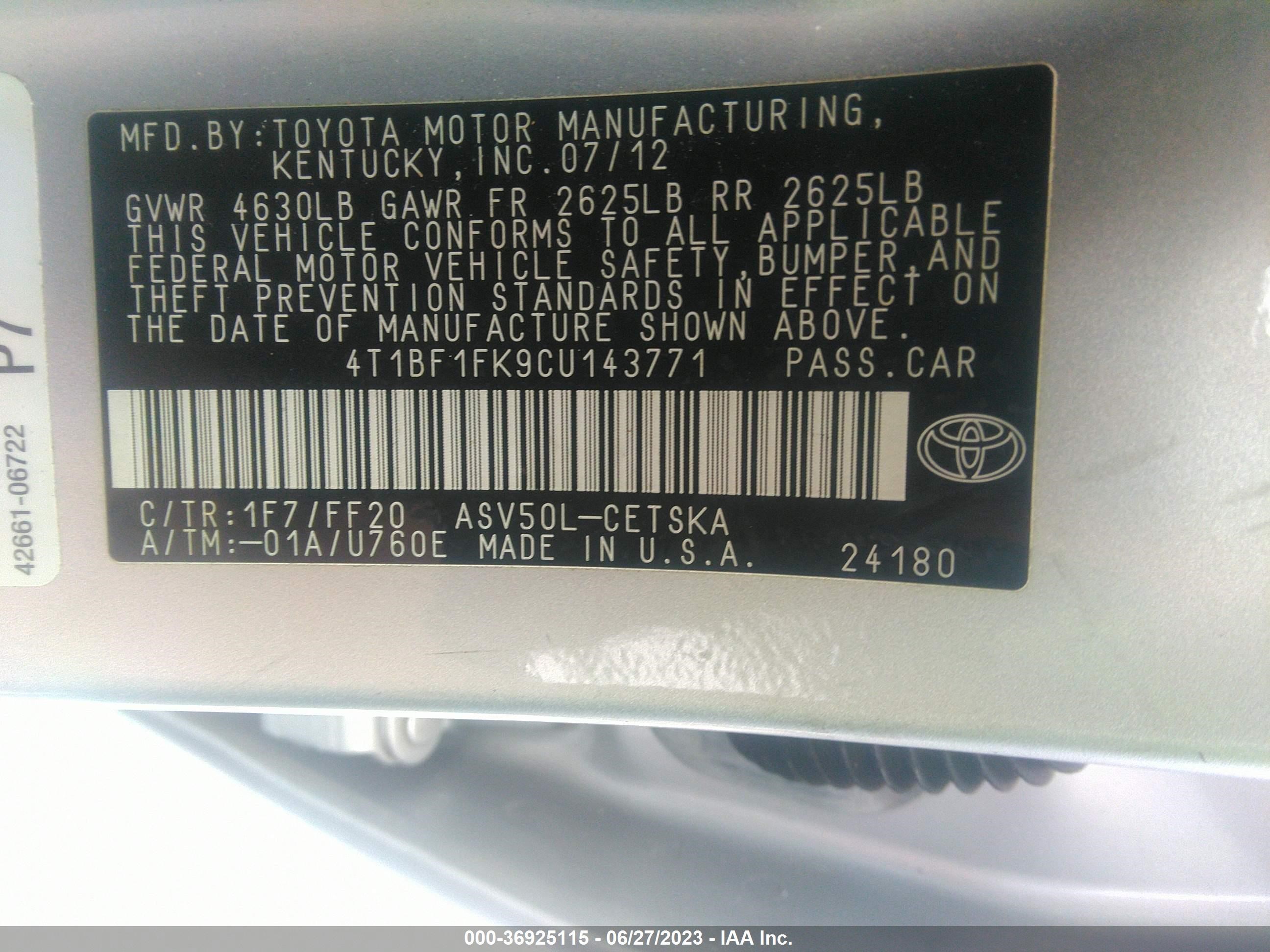 Photo 8 VIN: 4T1BF1FK9CU143771 - TOYOTA CAMRY 